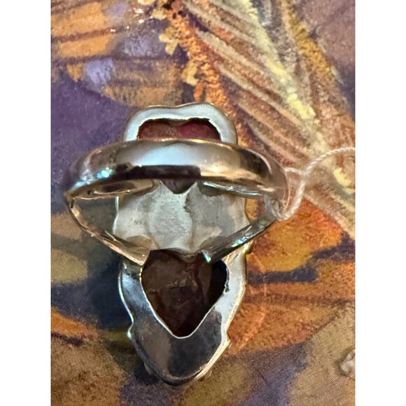 Romantic Double Heart Red Stone & Sterling Silver 7.5 Ring - Picture 3 of 5